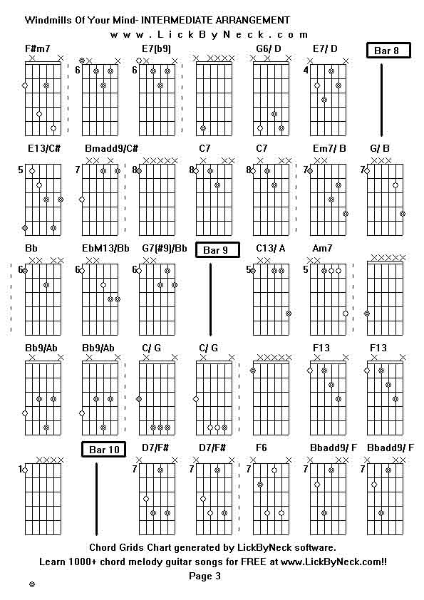 Chord Grids Chart of chord melody fingerstyle guitar song-Windmills Of Your Mind- INTERMEDIATE ARRANGEMENT,generated by LickByNeck software.